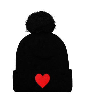 HEART POM POM RIB BEANIE - BLACK