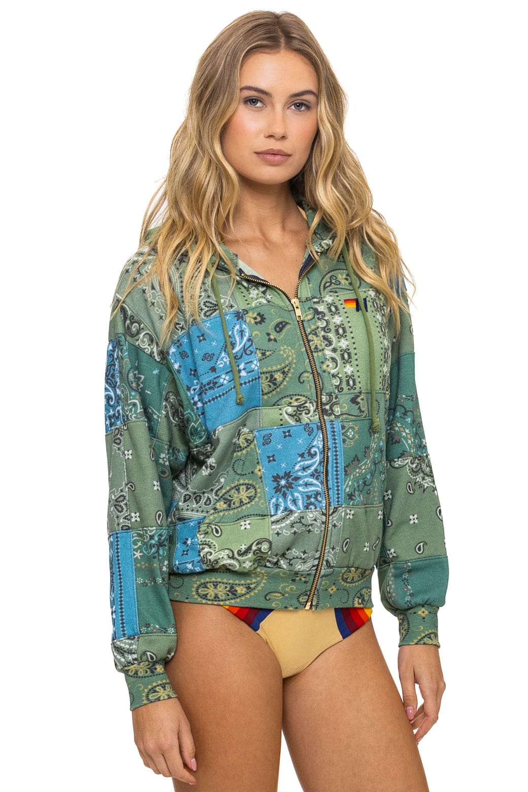 BANDANA QUILTED RELAXED ZIP HOODIE - GREEN - Image 9