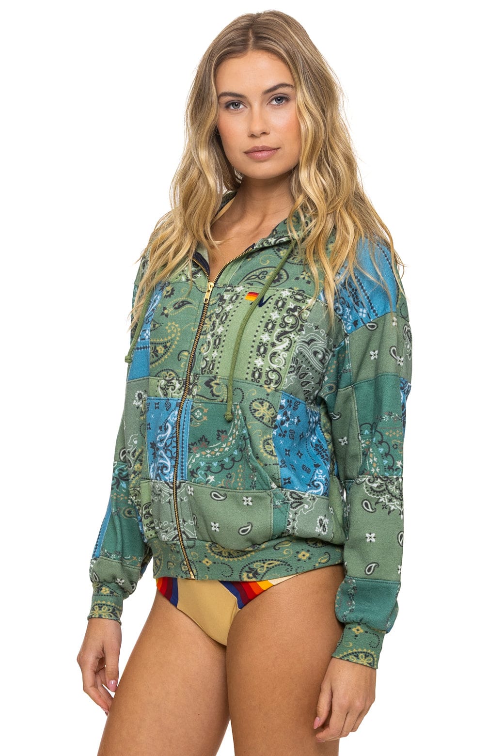 BANDANA QUILTED RELAXED ZIP HOODIE - GREEN - Image 5