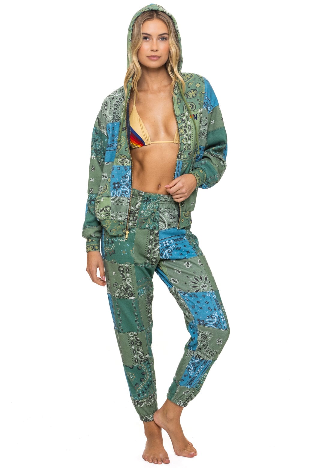 BANDANA QUILTED RELAXED ZIP HOODIE - GREEN - Image 13