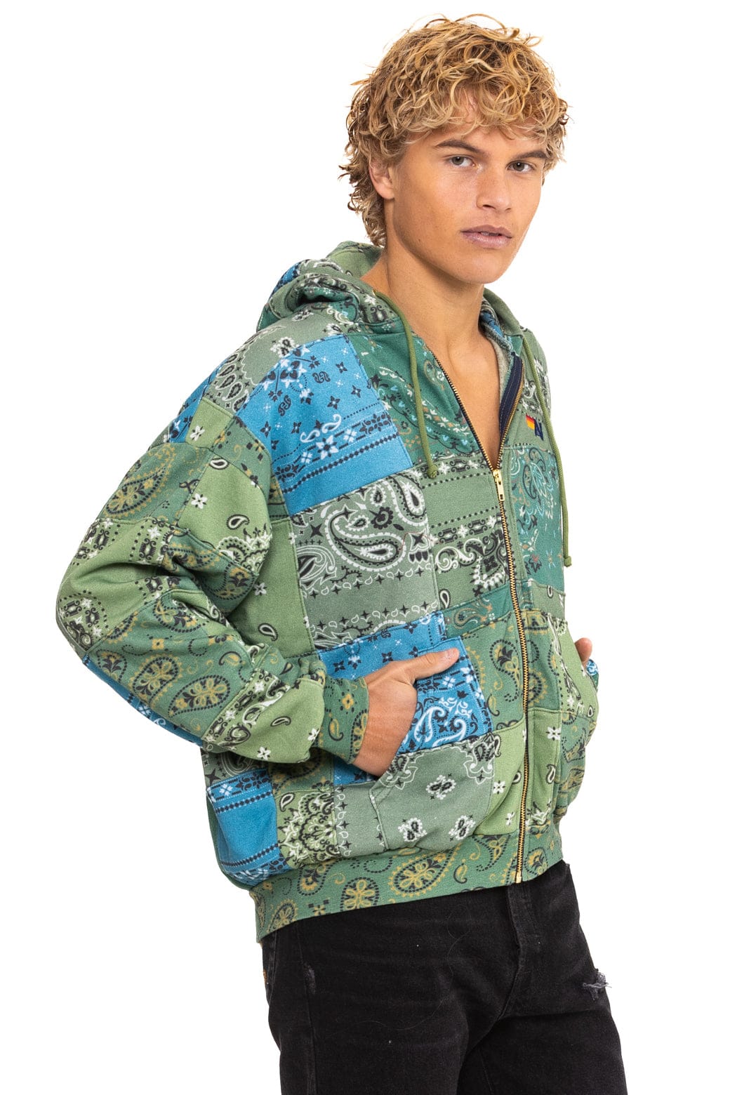 BANDANA QUILTED RELAXED ZIP HOODIE - GREEN - Image 10
