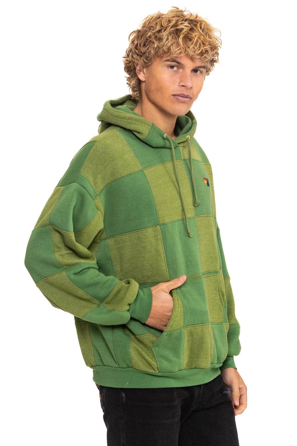 CHECK QUILT RELAXED PULLOVER HOODIE - JUNGLE GREEN // PALM - Image 10