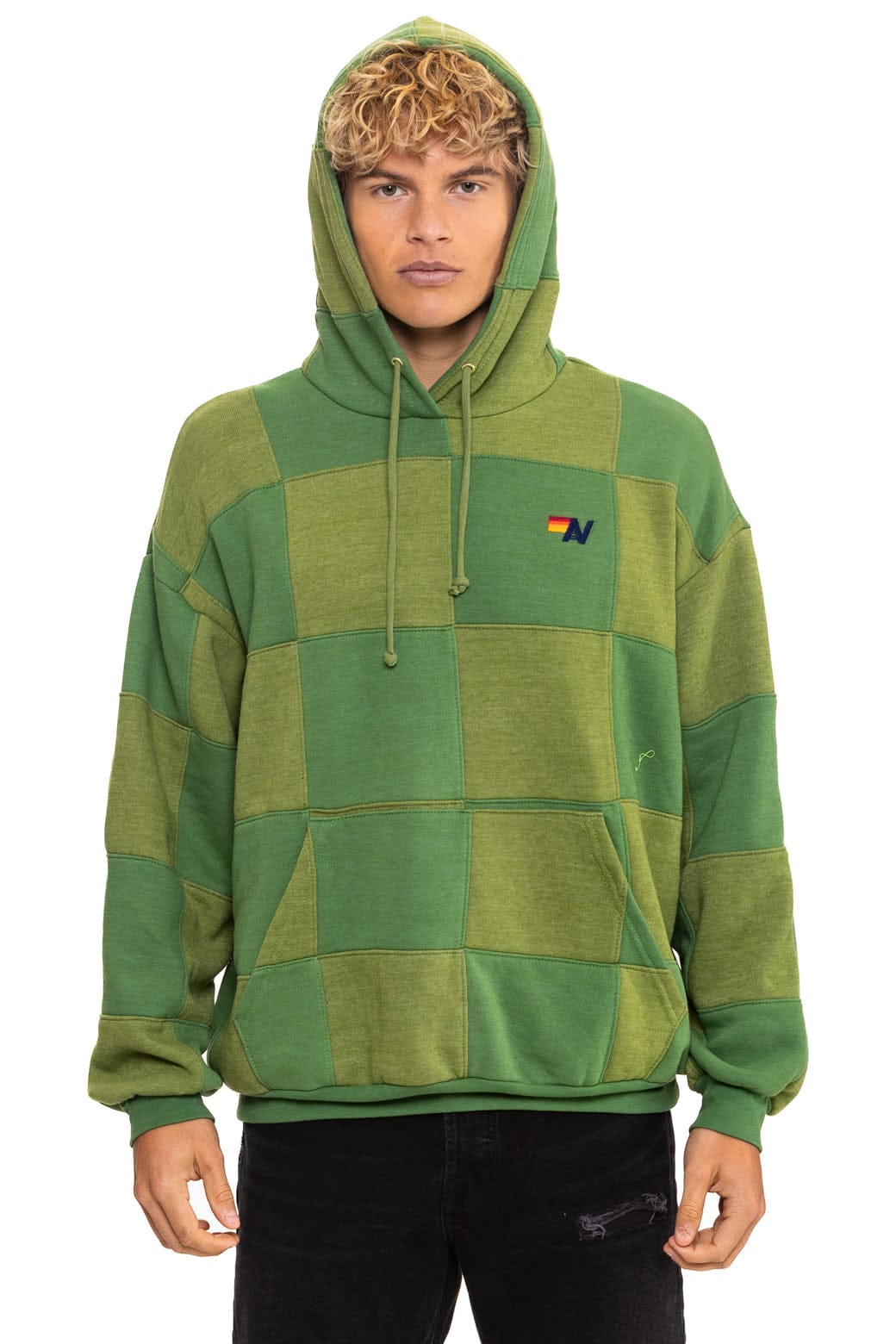 CHECK QUILT RELAXED PULLOVER HOODIE - JUNGLE GREEN // PALM - Image 2