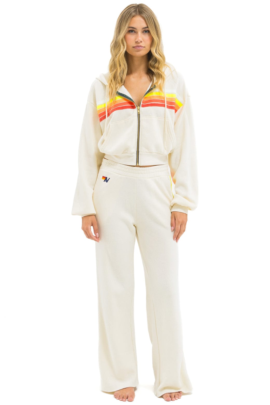 5 STRIPE CROPPED ZIP HOODIE RELAXED - VINTAGE WHITE // WHITE NEON - Image 7