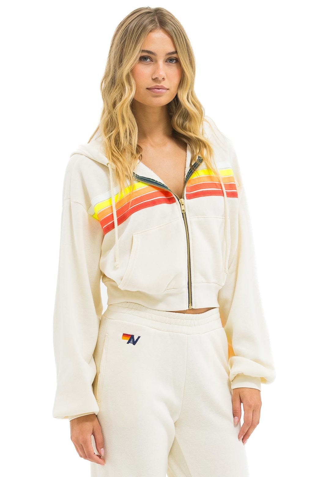 5 STRIPE CROPPED ZIP HOODIE RELAXED - VINTAGE WHITE // WHITE NEON - Image 5