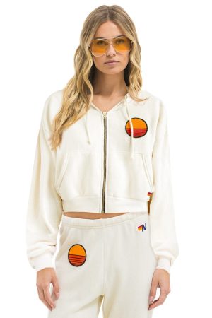 SUNSET PATCH RELAXED CROPPED ZIP HOODIE - VINTAGE WHITE