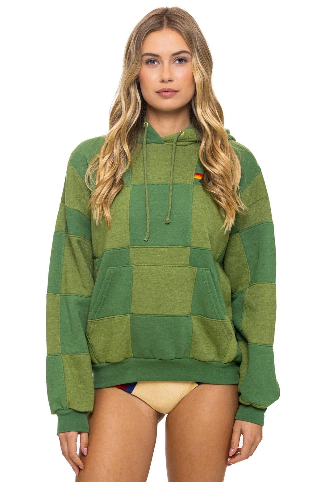 CHECK QUILT RELAXED PULLOVER HOODIE - JUNGLE GREEN // PALM - Image 6