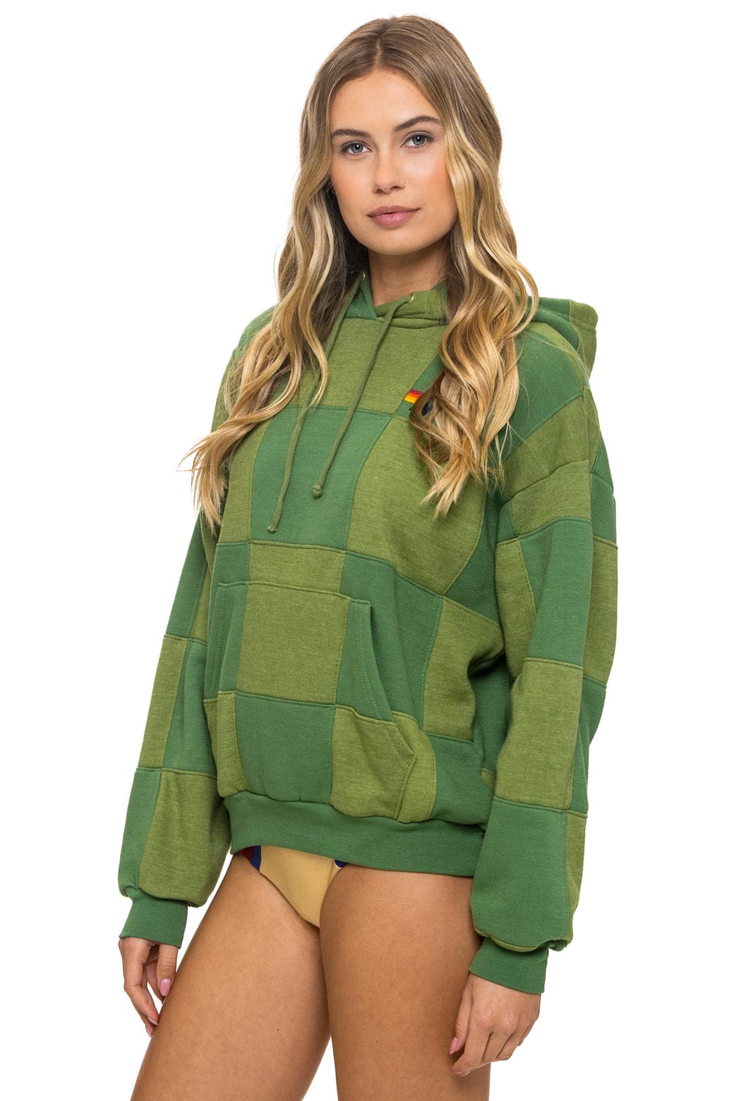 CHECK QUILT RELAXED PULLOVER HOODIE - JUNGLE GREEN // PALM - Image 5