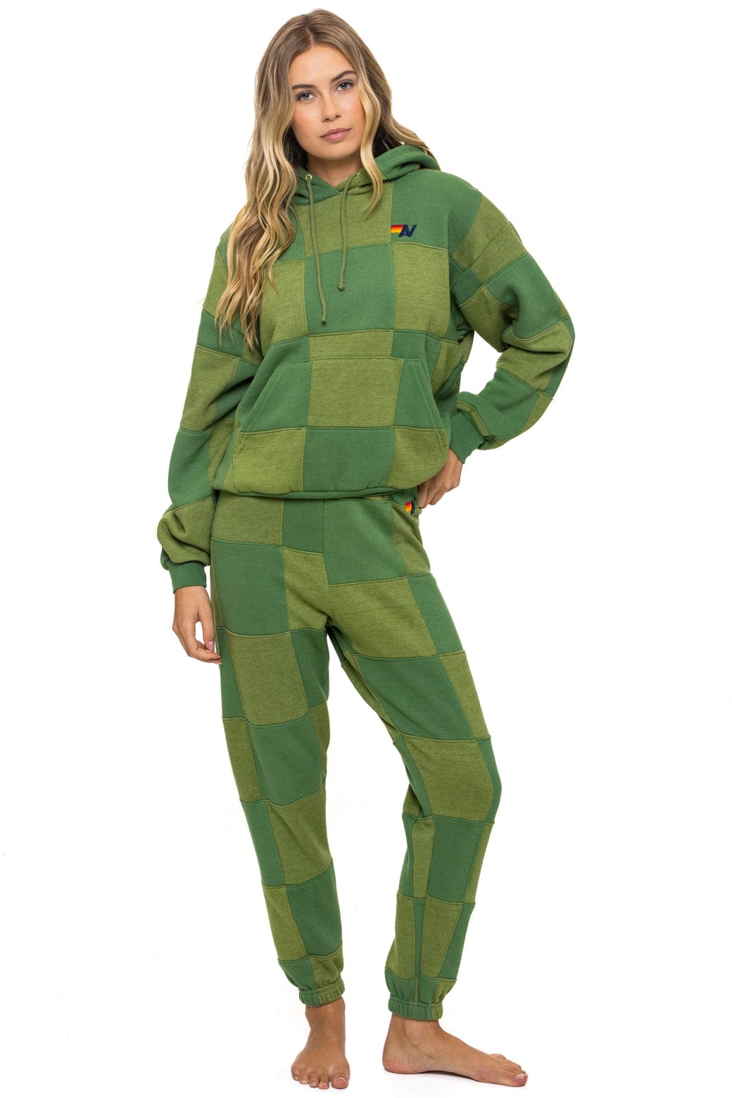 CHECK QUILT RELAXED PULLOVER HOODIE - JUNGLE GREEN // PALM - Image 12