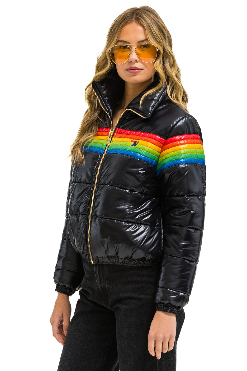 6 STRIPE LUXE APRES PUFFER JACKET - GLOSSY BLACK - Image 2