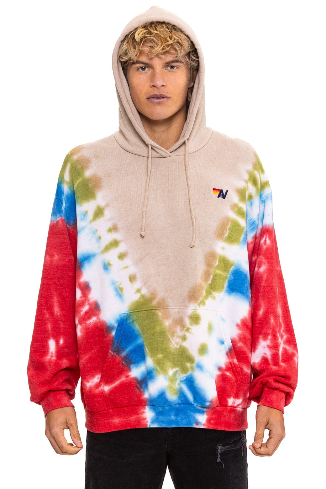 HAND DYED V RELAXED PULLOVER HOODIE - TIE DYE SAND // BLUE RED - Image 2