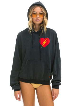 BOLT HEART PULLOVER RELAXED HOODIE - CHARCOAL