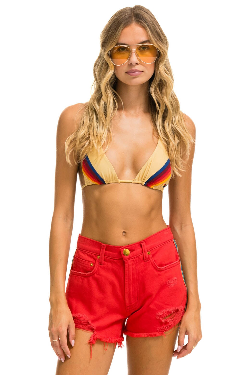 BOLT STRIPE BOYFRIEND CUTOFF JEAN SHORTS - RED - Image 4