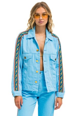 BOLT STRIPE OVERSIZED CUTOFF DENIM JACKET - SKY