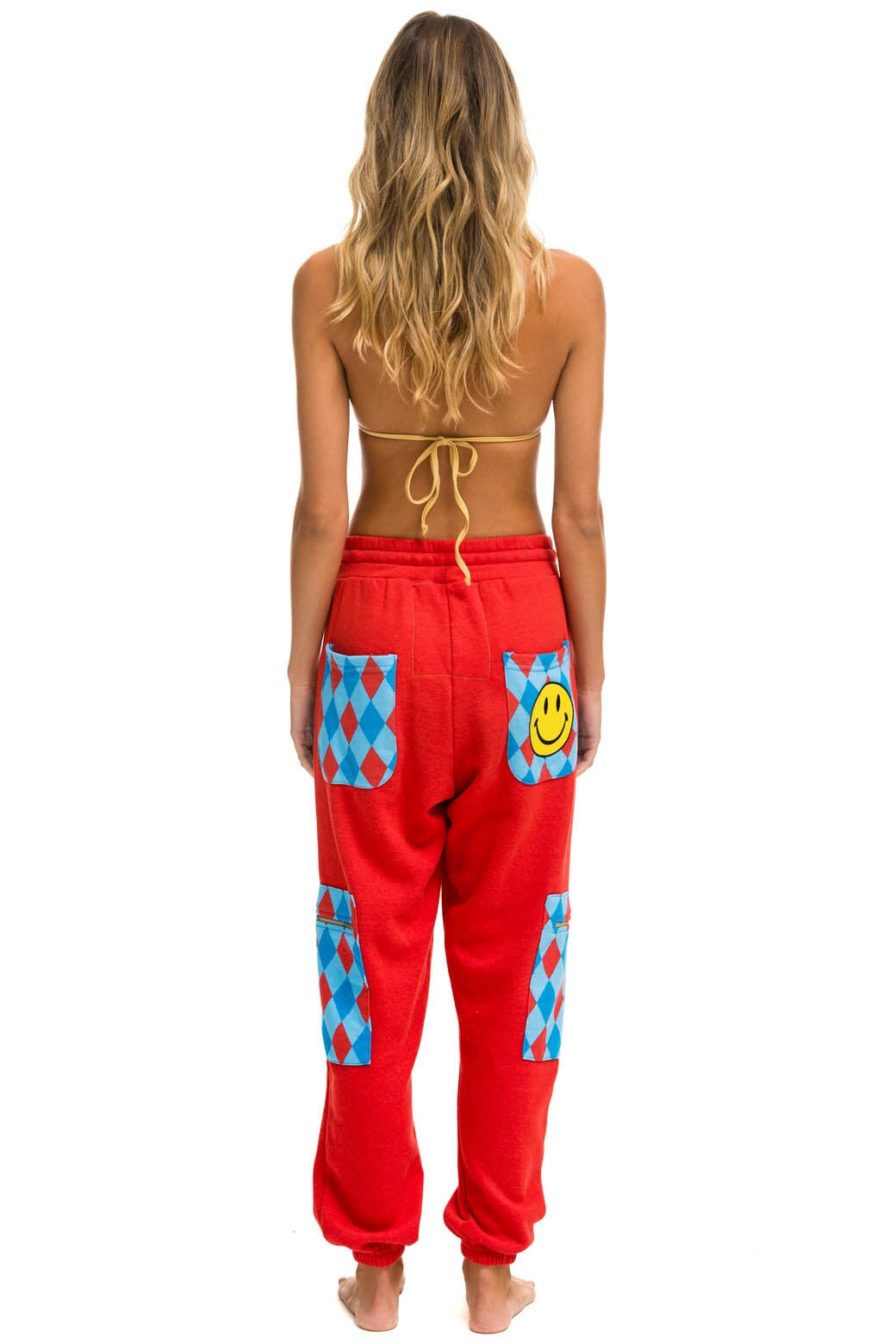 DIAMOND SMILEY 2 EMBROIDERY CARGO COLOR BLOCK SWEATPANTS - RED //SKY - Image 3