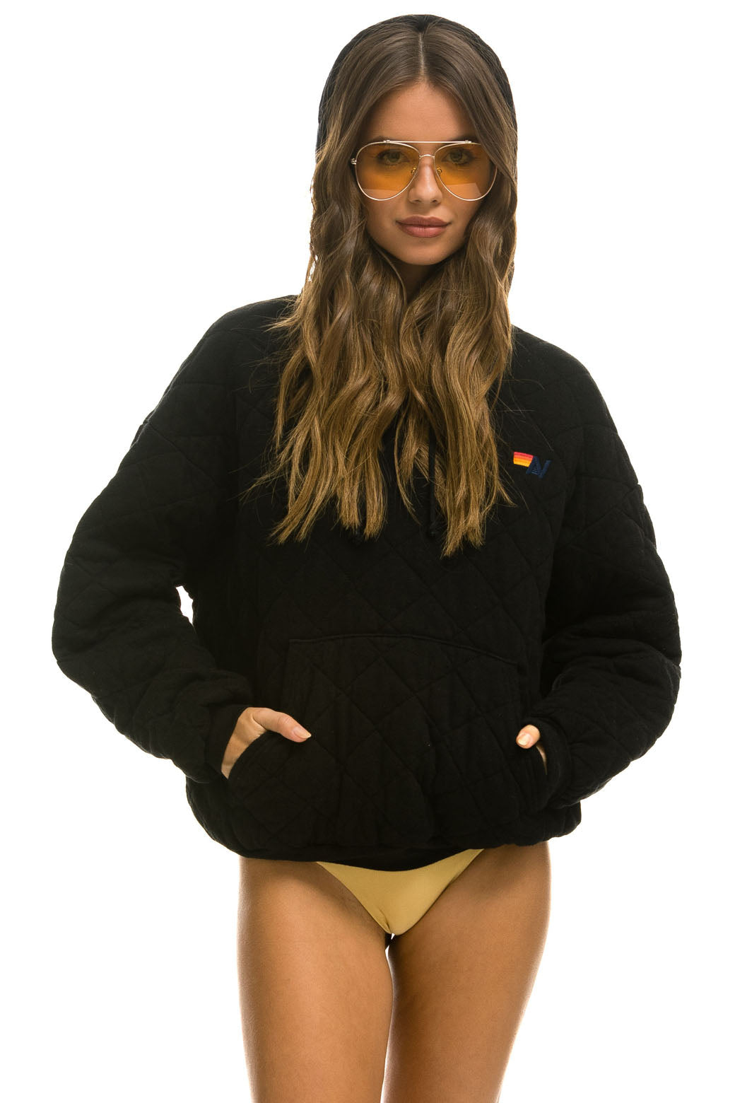 QUILTED RELAXED PULLOVER HOODIE - BLACK - Image 5