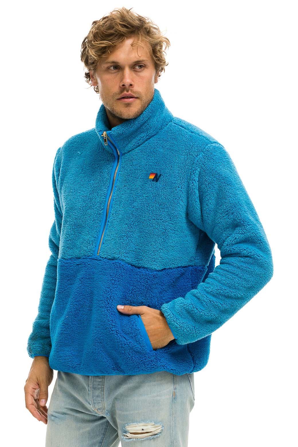TEDDY UNISEX HALF ZIP COLOR BLOCK JACKET - OCEAN - Image 4