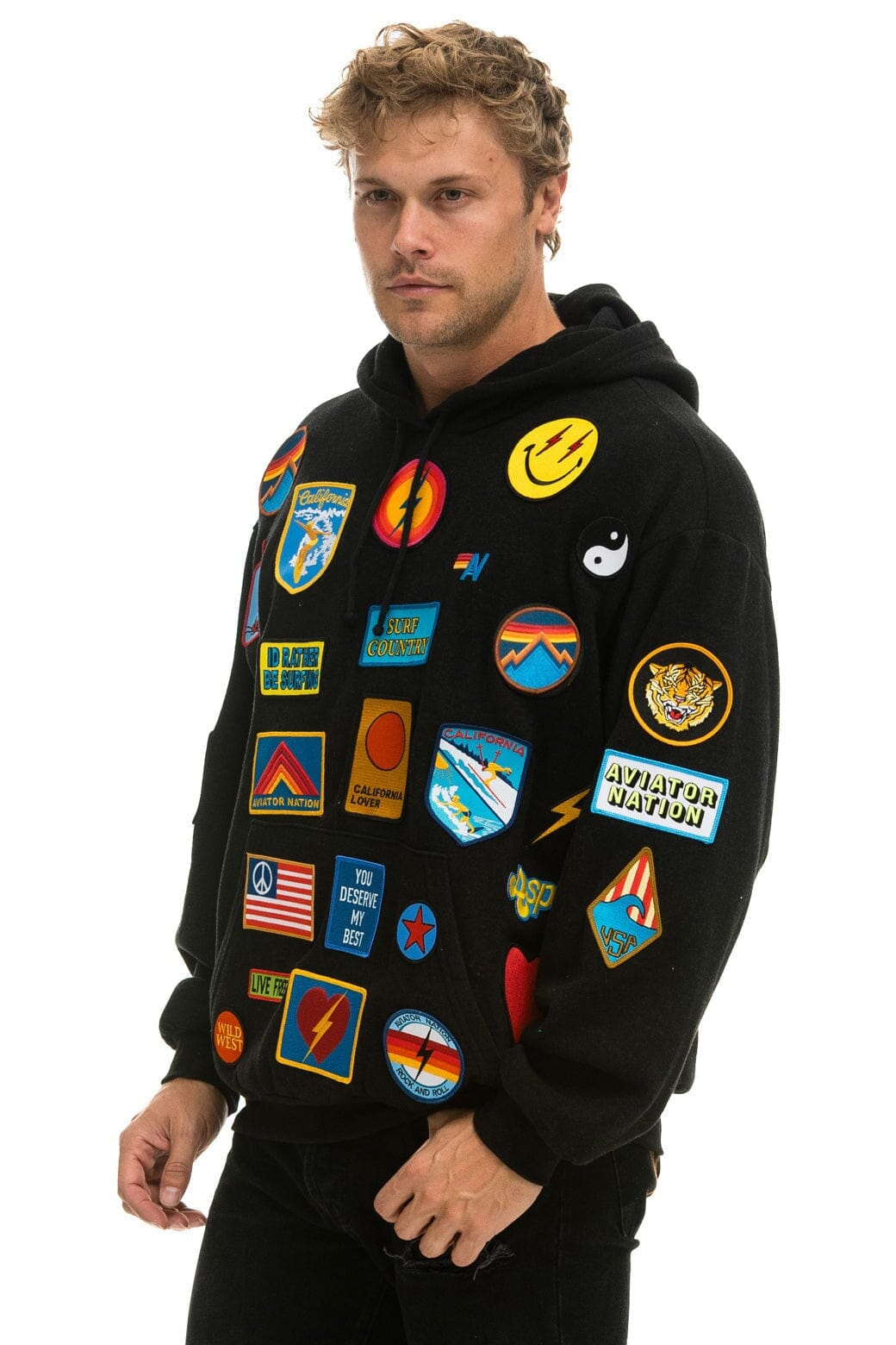 VINTAGE PATCH RELAXED PULLOVER HOODIE- BLACK - Image 6