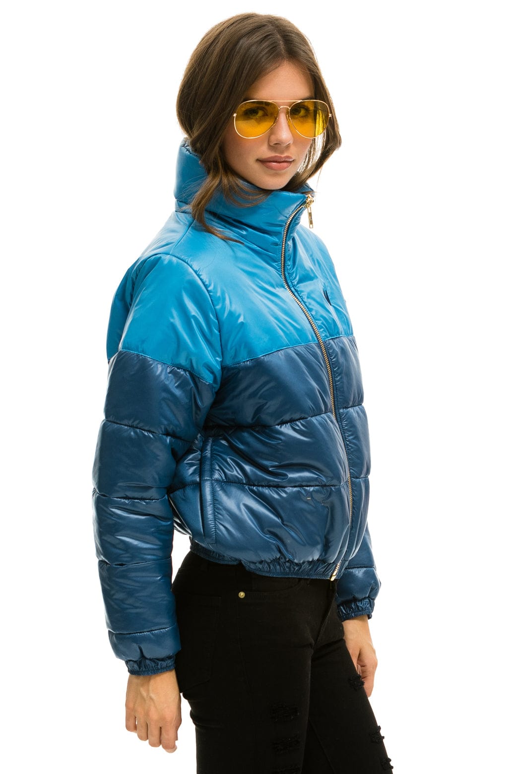 COLOR BLOCK HALF AND HALF APRES PUFFER JACKET - OCEAN GLOSSY - Image 4