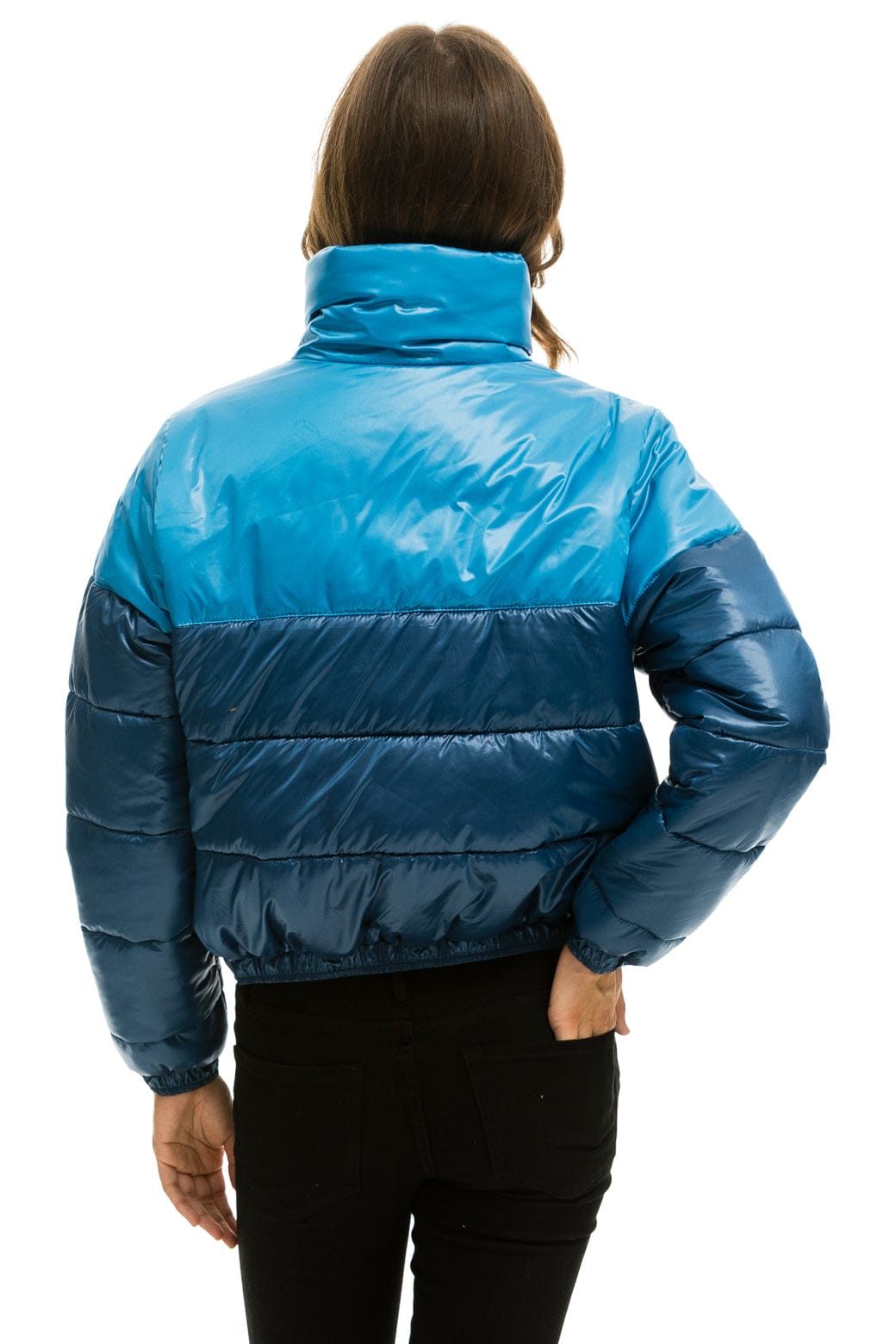 COLOR BLOCK HALF AND HALF APRES PUFFER JACKET - OCEAN GLOSSY - Image 3