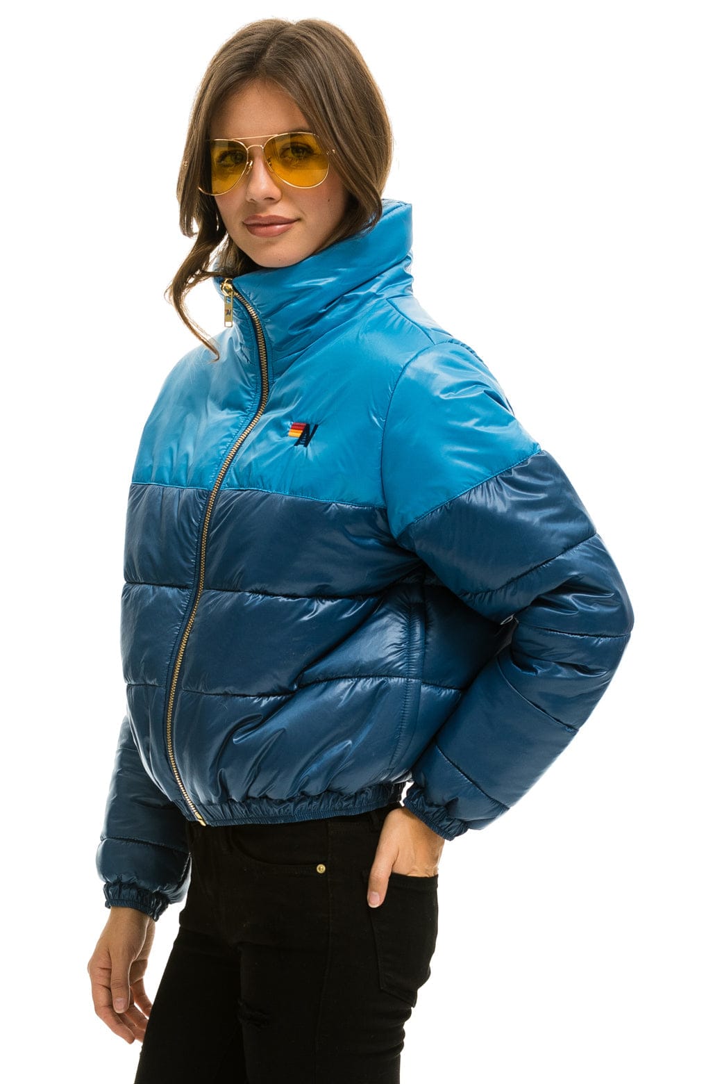 COLOR BLOCK HALF AND HALF APRES PUFFER JACKET - OCEAN GLOSSY - Image 2