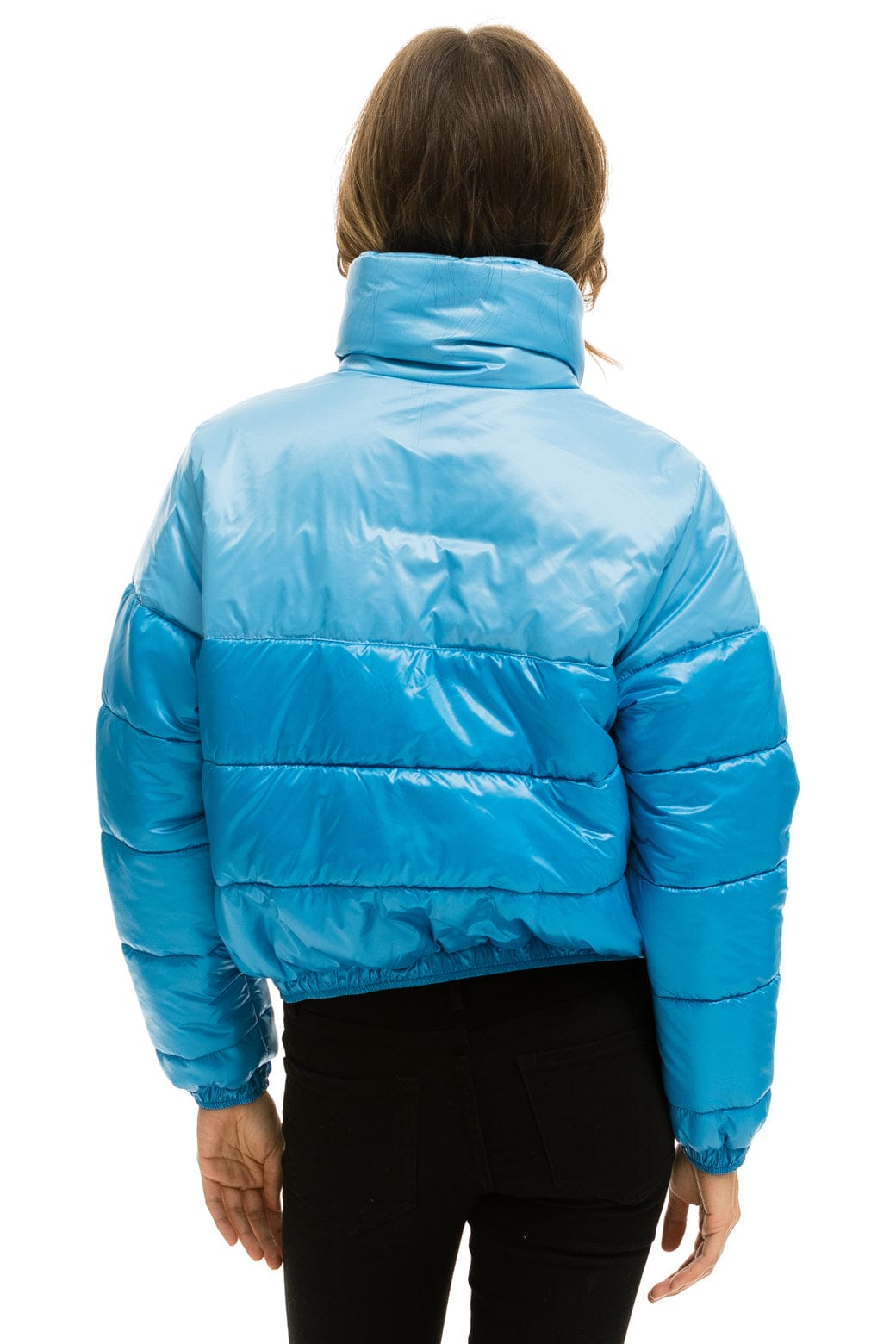 COLOR BLOCK HALF AND HALF APRES PUFFER JACKET - SKY GLOSSY - Image 4