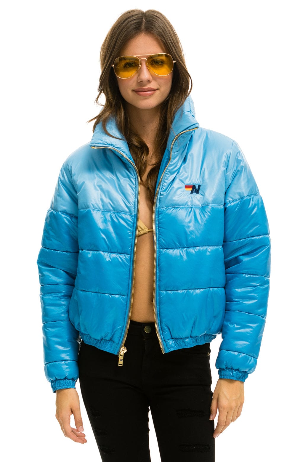 COLOR BLOCK HALF AND HALF APRES PUFFER JACKET - SKY GLOSSY - Image 5
